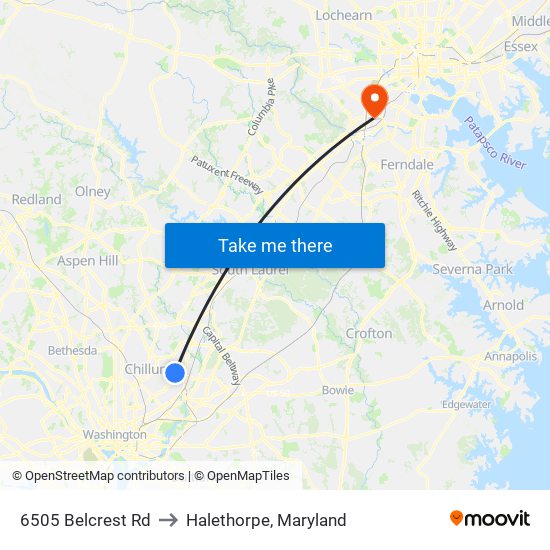 6505 Belcrest Rd to Halethorpe, Maryland map