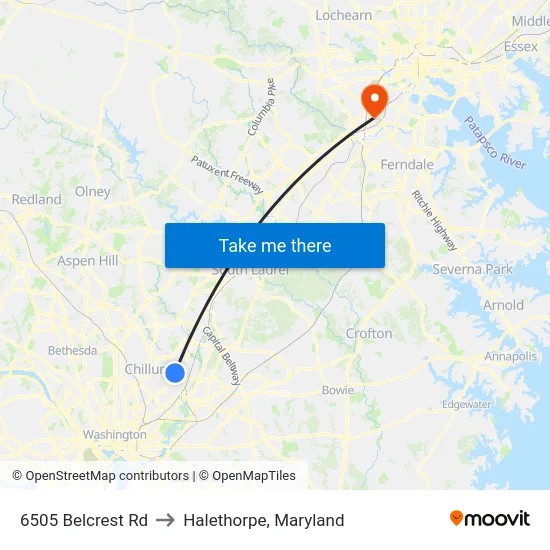 6505 Belcrest Rd to Halethorpe, Maryland map