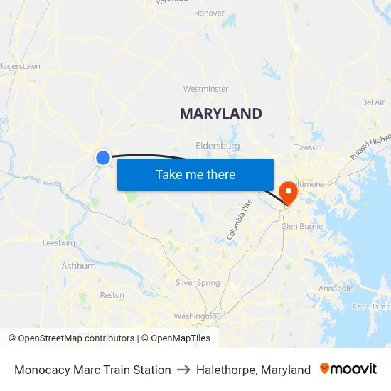 Monocacy Marc Train Station to Halethorpe, Maryland map
