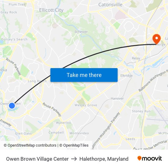 Owen Brown Village Center to Halethorpe, Maryland map