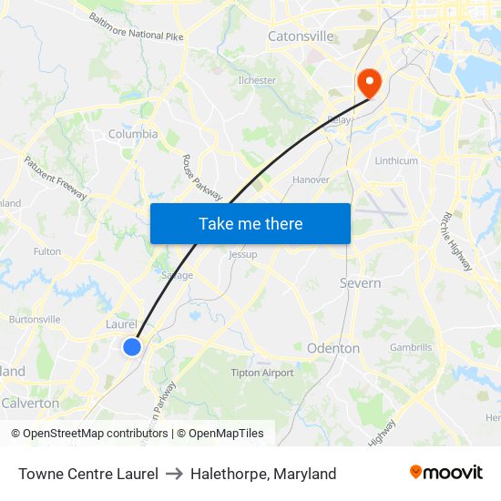 Towne Centre Laurel to Halethorpe, Maryland map