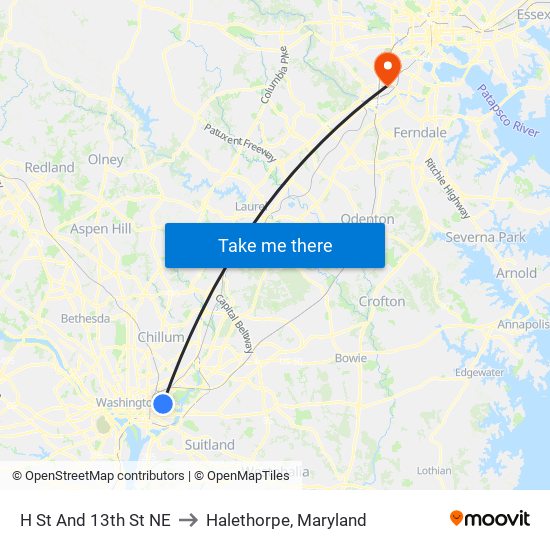 H St And 13th St NE to Halethorpe, Maryland map
