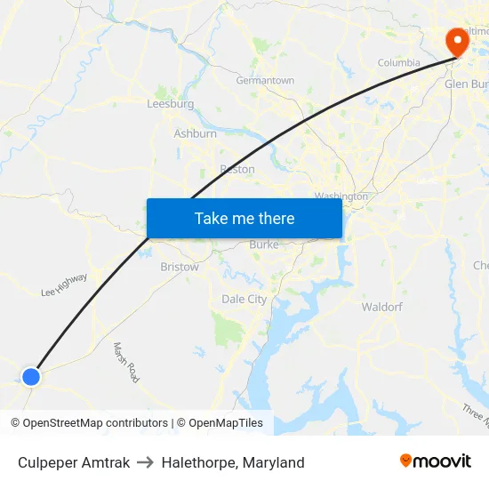 Culpeper Amtrak to Halethorpe, Maryland map