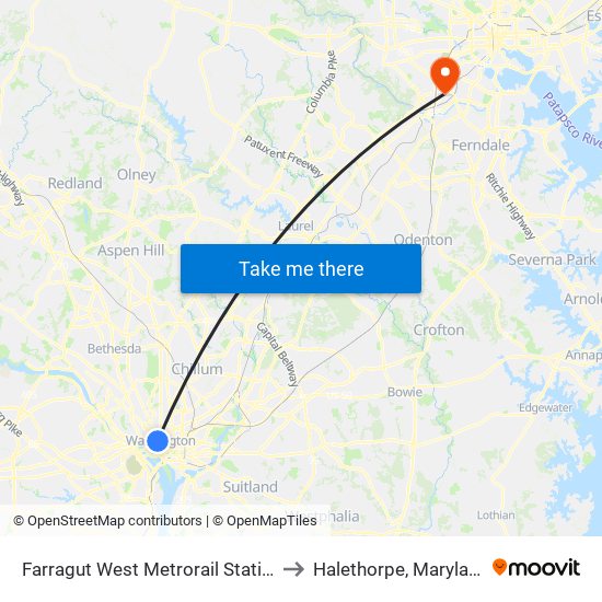 Farragut West  Metrorail Station to Halethorpe, Maryland map