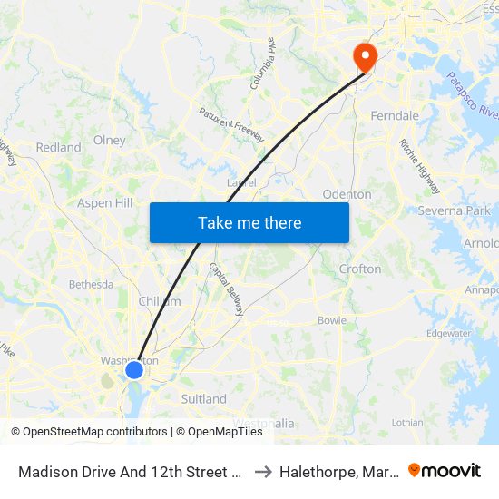 Madison Drive And 12th Street NW (Wb) to Halethorpe, Maryland map