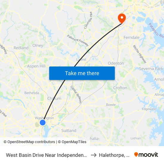 West Basin Drive Near Independence Avenue SW (Nb) to Halethorpe, Maryland map