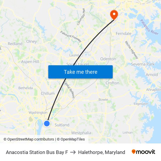 Anacostia Station Bus Bay F to Halethorpe, Maryland map