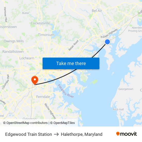 Edgewood Train Station to Halethorpe, Maryland map