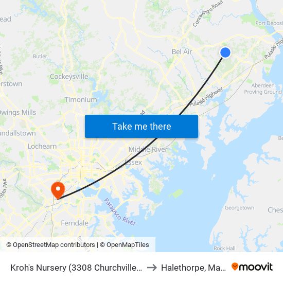 Kroh's Nursery  (3308 Churchville Rd/Rt 22) to Halethorpe, Maryland map