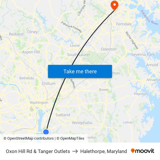 Oxon Hill Rd & Tanger Outlets to Halethorpe, Maryland map