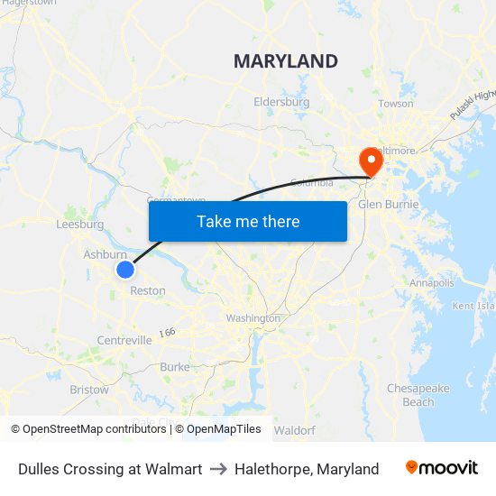 Dulles Crossing at Walmart to Halethorpe, Maryland map