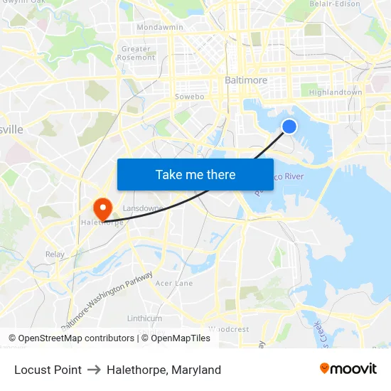 Locust Point to Halethorpe, Maryland map