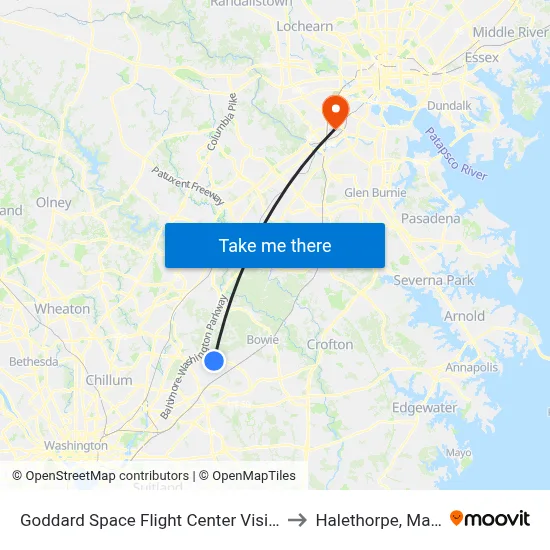 Goddard Space Flight Center Visitors Center to Halethorpe, Maryland map