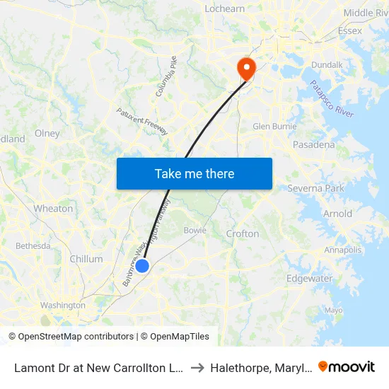 Lamont Dr at New Carrollton Library to Halethorpe, Maryland map