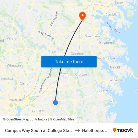Campus Way South at College Station Drive (Pgcc) to Halethorpe, Maryland map