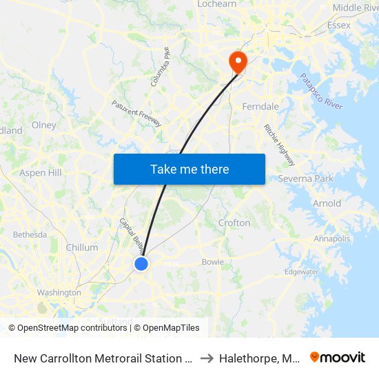 New Carrollton Metrorail Station at Bus Bay F to Halethorpe, Maryland map