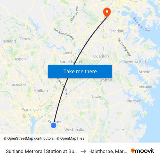 Suitland Metrorail Station at Bus Bay D to Halethorpe, Maryland map