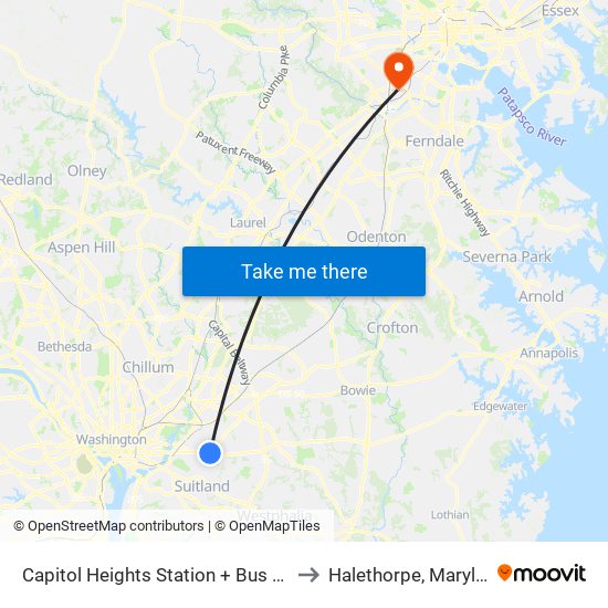 Capitol Heights Station + Bus Bay B to Halethorpe, Maryland map