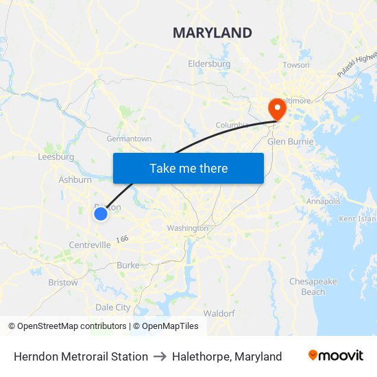 Herndon Metrorail Station to Halethorpe, Maryland map