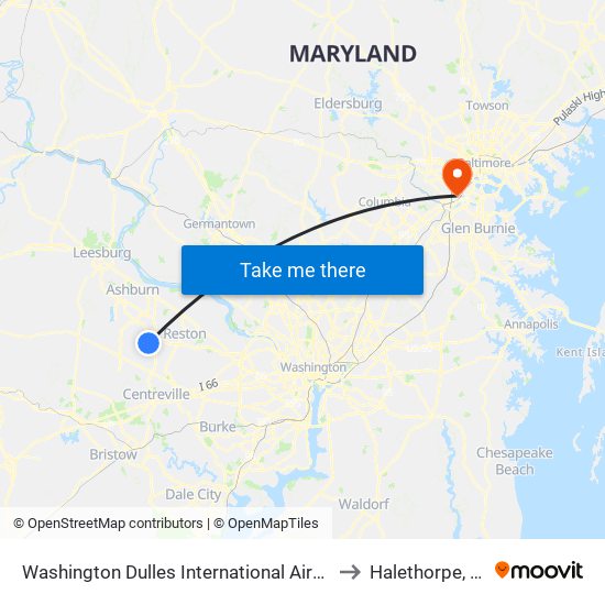 Washington Dulles International Airport Metrorail Station to Halethorpe, Maryland map