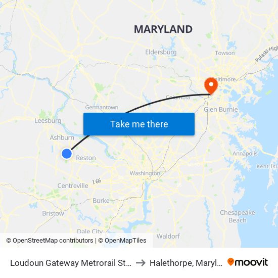 Loudoun Gateway Metrorail Station to Halethorpe, Maryland map