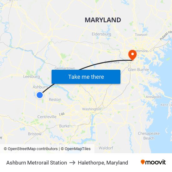 Ashburn Metrorail Station to Halethorpe, Maryland map