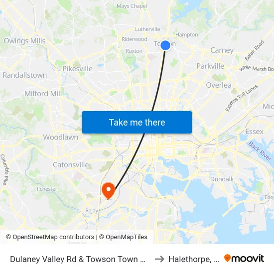 Dulaney Valley Rd & Towson Town Center Mall - Macy's Nb to Halethorpe, Maryland map