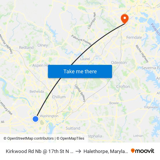 Kirkwood Rd Nb @ 17th St N Ns to Halethorpe, Maryland map