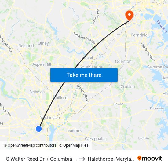 S Walter Reed Dr + Columbia Pk to Halethorpe, Maryland map