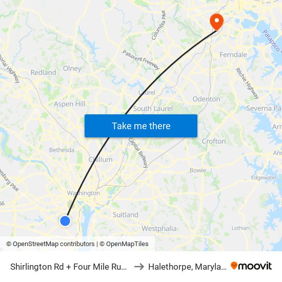 Shirlington Rd + Four Mile Run Dr to Halethorpe, Maryland map