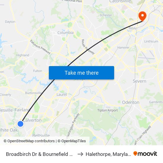 Broadbirch Dr & Bournefield Way to Halethorpe, Maryland map