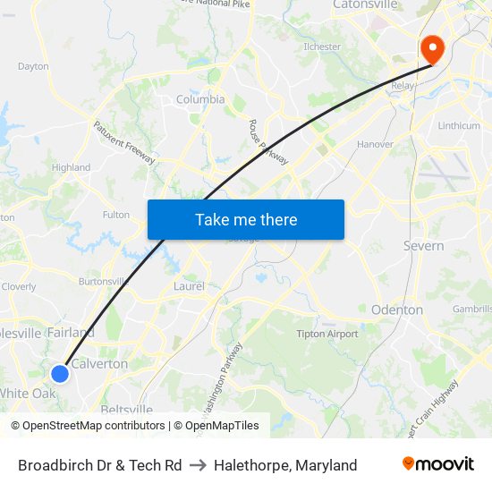 Broadbirch Dr & Tech Rd to Halethorpe, Maryland map