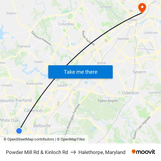 Powder Mill Rd & Kinloch Rd to Halethorpe, Maryland map