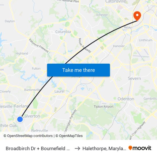 Broadbirch Dr + Bournefield Way to Halethorpe, Maryland map