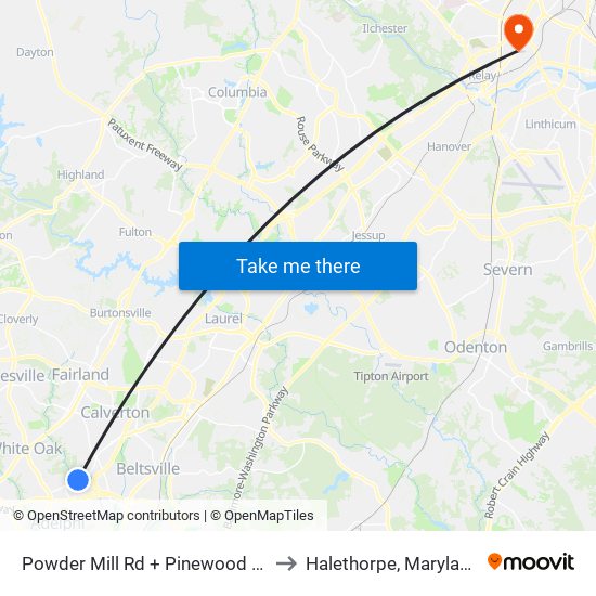 Powder Mill Rd + Pinewood Ct to Halethorpe, Maryland map