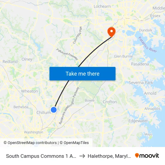 South Campus Commons 1 And 2 to Halethorpe, Maryland map