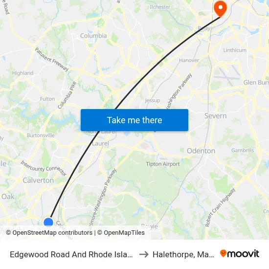 Edgewood Road And Rhode Island Avenue to Halethorpe, Maryland map