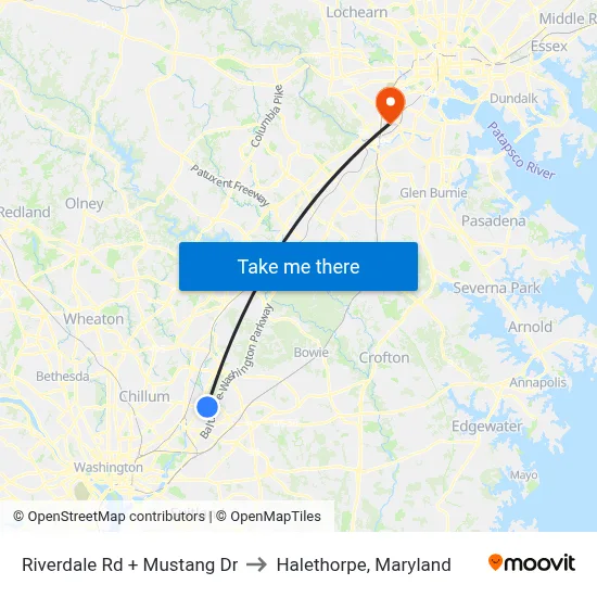 Riverdale Rd + Mustang Dr to Halethorpe, Maryland map