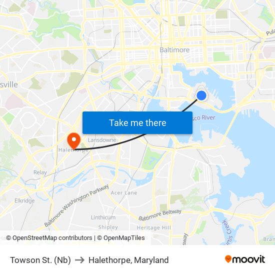 Towson St. (Nb) to Halethorpe, Maryland map