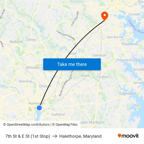 7th St & E St (1st Stop) to Halethorpe, Maryland map
