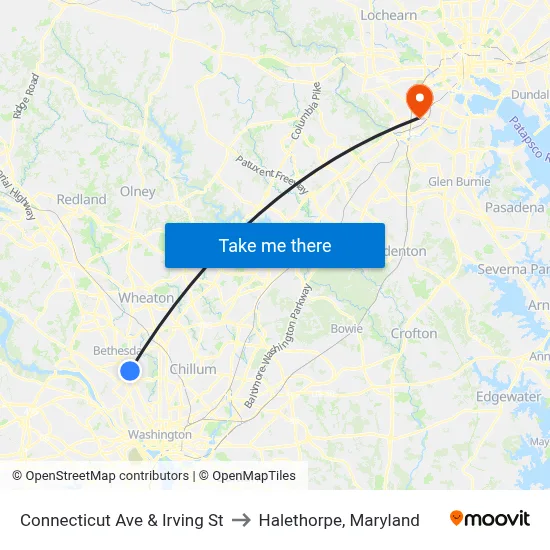 Connecticut Ave & Irving St to Halethorpe, Maryland map