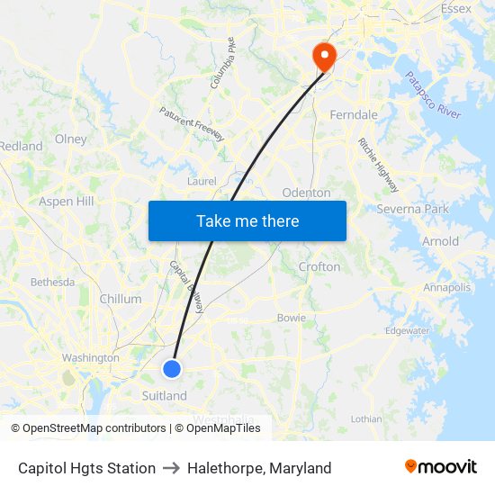 Capitol Hgts Station to Halethorpe, Maryland map