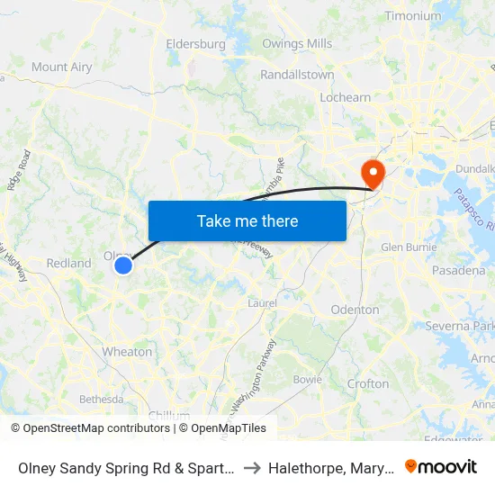 Olney Sandy Spring Rd & Spartan Rd to Halethorpe, Maryland map