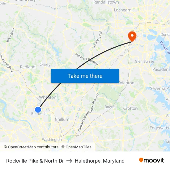 Rockville Pike & North Dr to Halethorpe, Maryland map