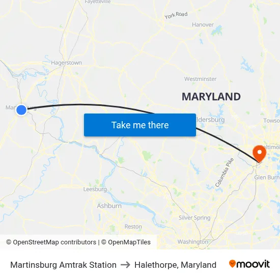 Martinsburg Amtrak Station to Halethorpe, Maryland map