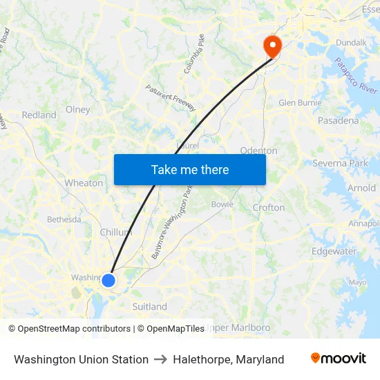 Washington Union Station to Halethorpe, Maryland map