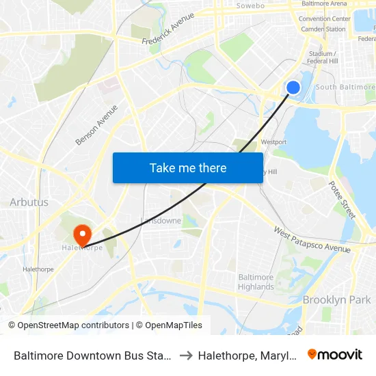 Baltimore Downtown Bus Station to Halethorpe, Maryland map