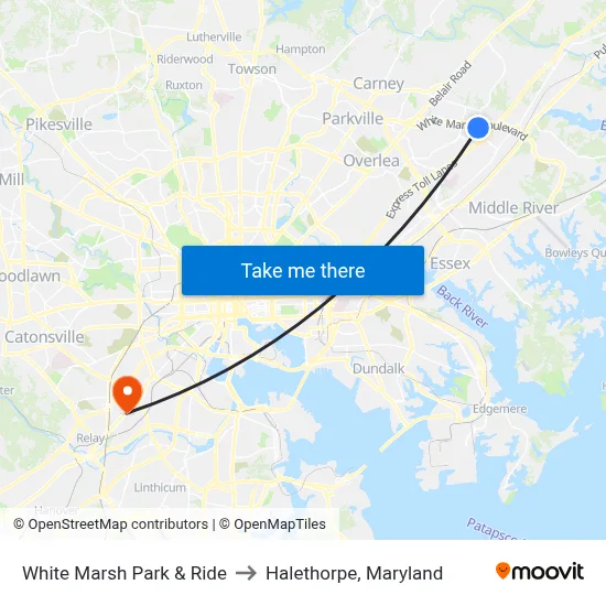 White Marsh Park & Ride to Halethorpe, Maryland map
