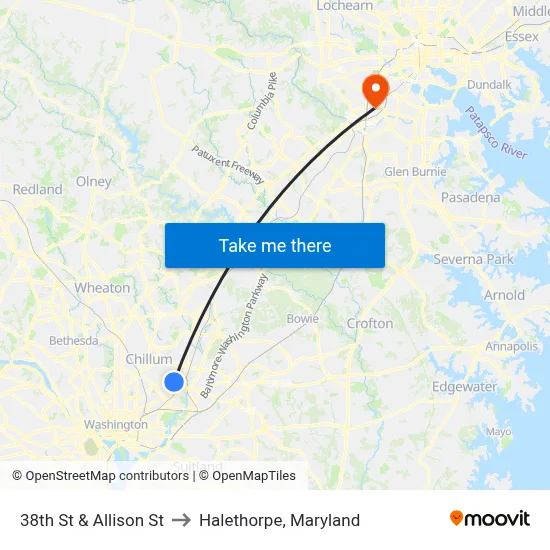 38th St & Allison St to Halethorpe, Maryland map