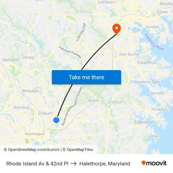 Rhode Island Av & 42nd Pl to Halethorpe, Maryland map